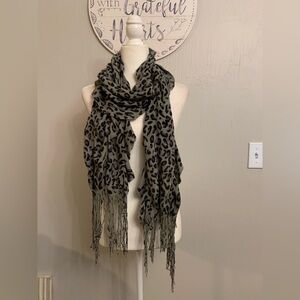 Leopard Print Fringe Scarf - Gray and Black